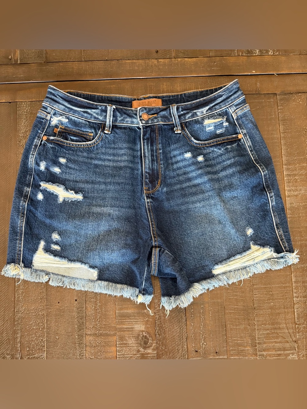 Judy Blue High-Rise Distressed Denim Shorts - Dark Blue 1XL